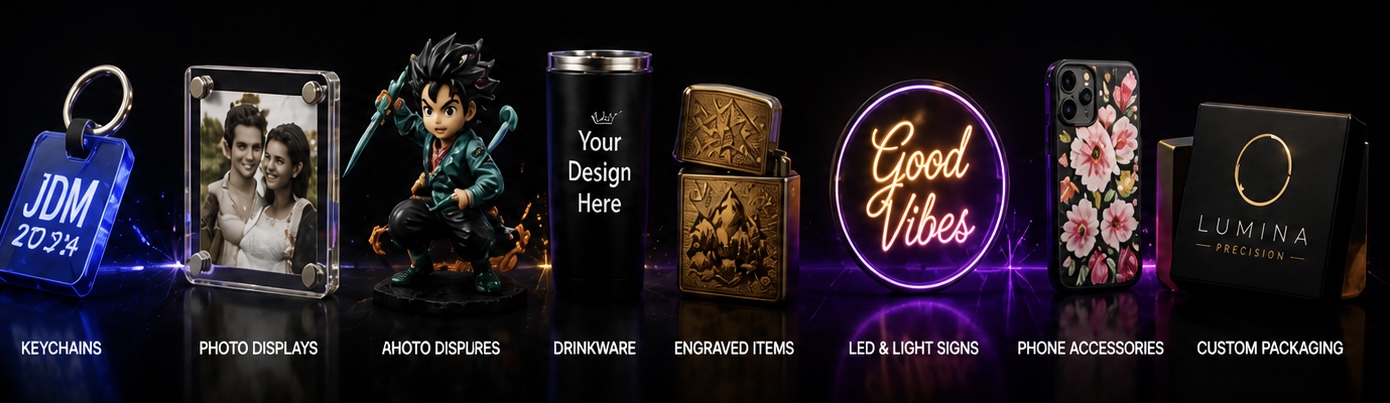 Range of custom products: keychains, displays, drinkware, engraving, signs, phone cases, and packaging.